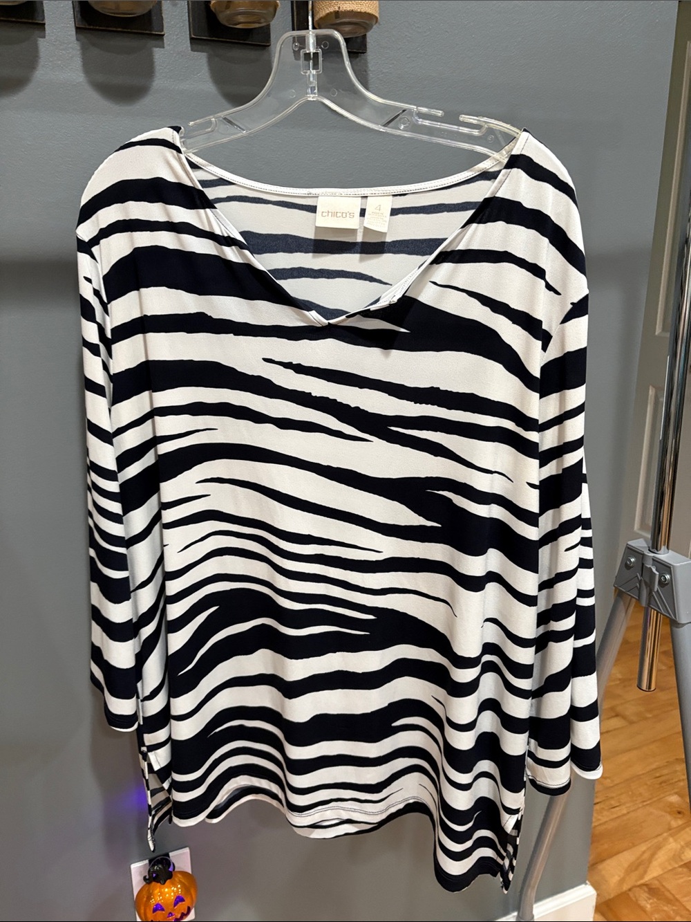 Chico's Black & White Zebra-Stripe Boatneck Long Sleeve Top